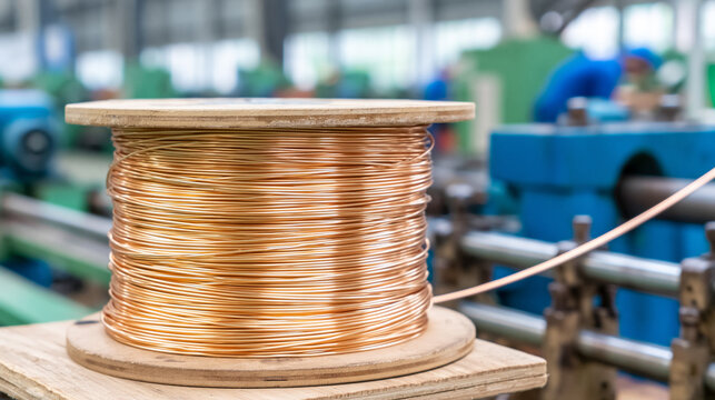 Copper wire spool elegantly displayed in a vibrant manufacturing environment during daytime operations Generative AI