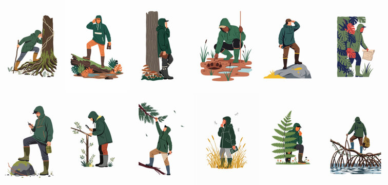 Vector Illustration Set of Park Rangers and Nature Researchers Conducting Scientific Observations and Exploring the Wilderness in Various Outdoor Environments and Activities