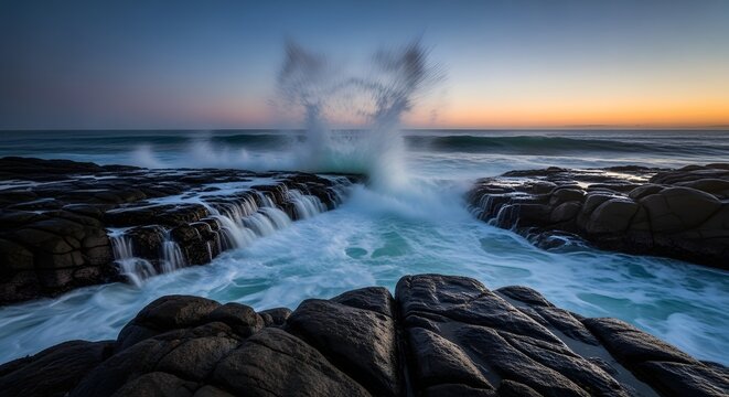 Dramatic coastal waves crashing over dark tide pools at sunset
