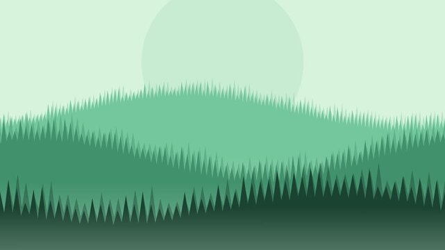 Minimalist Vector Green Forest Hills Landscape with Rising Sun Background for Ecofriendly and Sustainability Concepts
