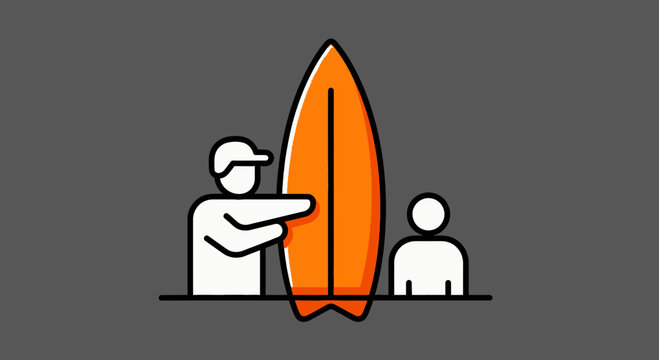 Surfing Lesson: A Simple and Clear Illustration of Surfboard and Coach with Student