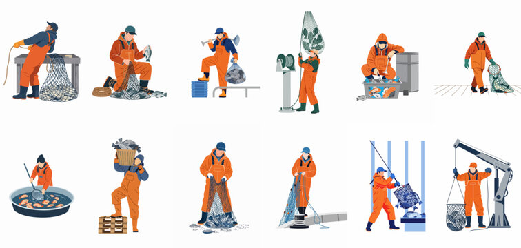 Flat vector illustration of fishermen in orange waterproof overalls working with nets and fish, isolated on a white background.