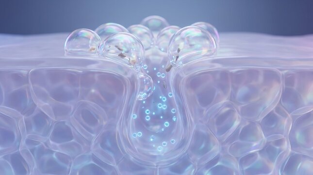 Microscopic skincare animation showing human pores by cleansing bubbles, active ingredients absorbing deeply, smooth skin texture, dermatology treatment concept