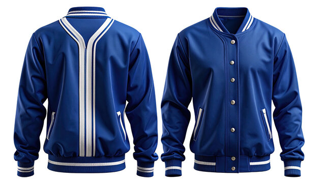 Blue bomber jacket, front/back view. Ribbed trim, snap closures, pockets