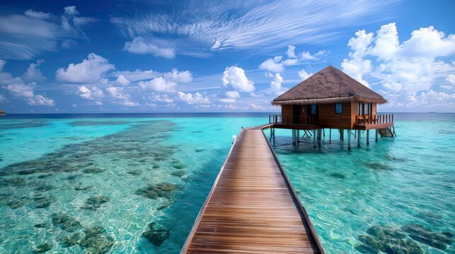 A wooden bungalow sits on stilts over crystal clear water, connected to the shore by a wooden walkway. 