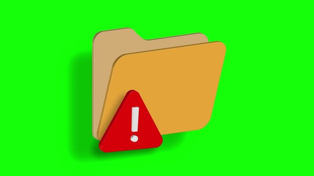 Animation of a folder icon with a red warning triangle on a green chroma key background. Ideal for digital interfaces or technology-related content.