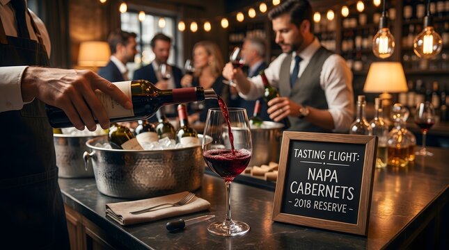 Sommelier pouring red wine for guests at a bar, with tasting notes displayed
