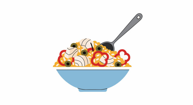 A blue bowl filled with a savory dish of rice, chicken, peppers, and olives