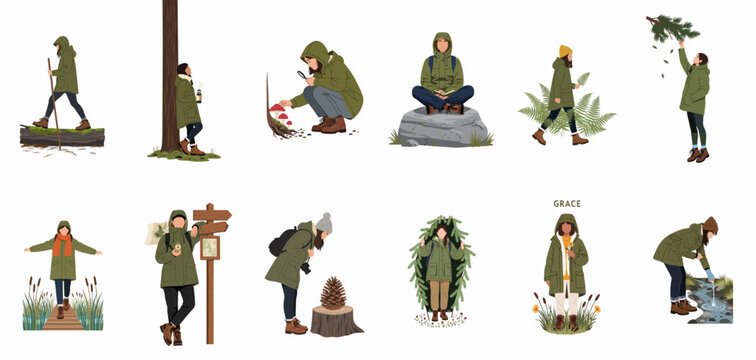 Collection of flat illustrations showing people in green parkas enjoying various outdoor activities like hiking, camping, and exploring nature in the forest.