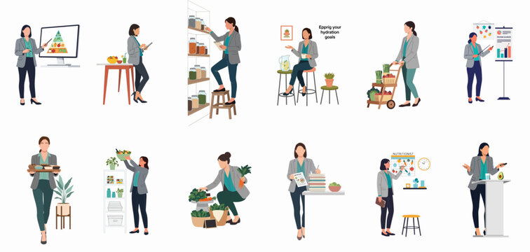 Vector illustration set of a professional nutritionist performing various tasks like grocery shopping, food planning, presenting nutritional charts, and meal prepping.