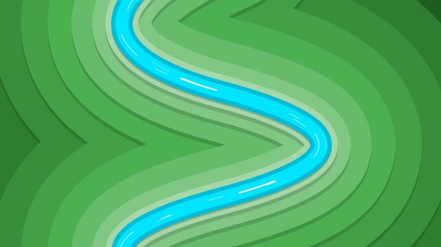 Minimalist Layered Paper Cut Style Winding Blue Road Through Green Valley Landscape Background for Creative Design Concepts