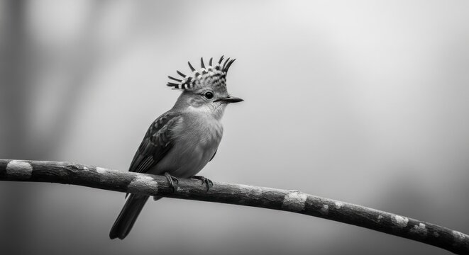 Black and white image of a crested bird perched on a branch against soft background