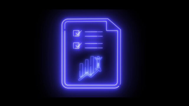 Neon light effect animation of a document icon with a checklist and chart. Ideal for finance, project management, or analysis.