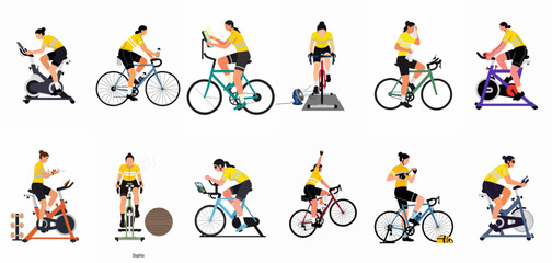 Fototapeta premium Set of vector illustrations of a female athlete training on indoor exercise bikes and road bikes with stationary trainers in multiple workout poses.