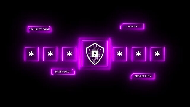 Glowing neon A concept of an advanced cybersecurity system. The futuristic interface shows a multi-factor authentication process using a secure password or PIN for enhanced data protection. Fermion 4k