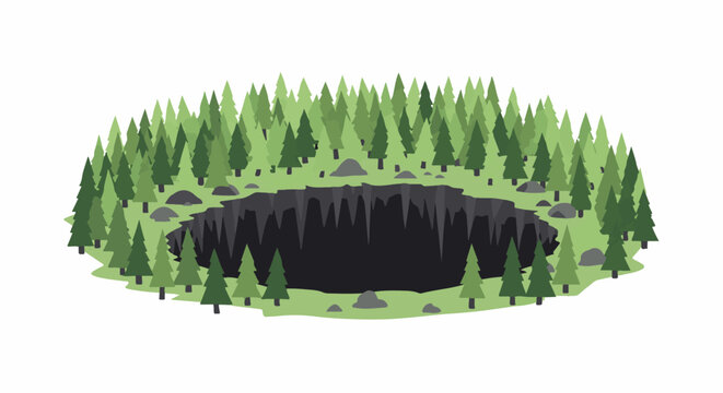 A cluster of pine trees surrounds a dark, jagged cavern entrance on a grassy hill