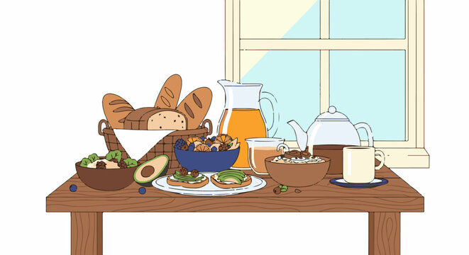 A delicious and healthy breakfast spread featuring bread, fruit, and drinks