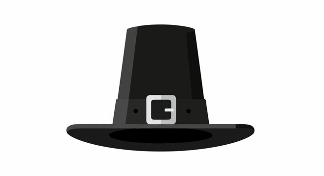 A flat design illustration of a black pilgrim hat with a silver buckle