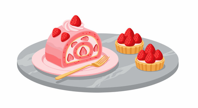A delightful arrangement of strawberry roll cake and two small strawberry tarts