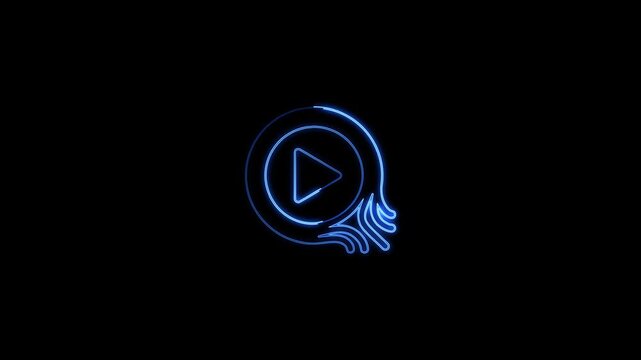 Neon blue play button with circular and wave pattern on black background circular wave pattern media