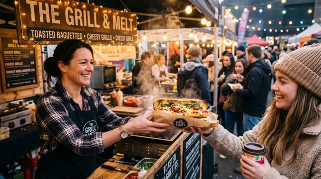 Street food vendor serving a customer at a bustling night market with food stall
