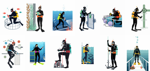Collection of professional commercial divers performing various underwater tasks such as maintenance, inspection, and research in flat illustration style © ValentinaRestrepo