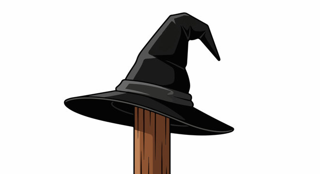 A black pointed witch hat rests on a wooden post
