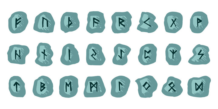 Set of hand drawn viking runes Rune stones with ancient norse alphabet characters engraved on them Scandinavian futhark germanic celtic Single element for design, print, web, decor