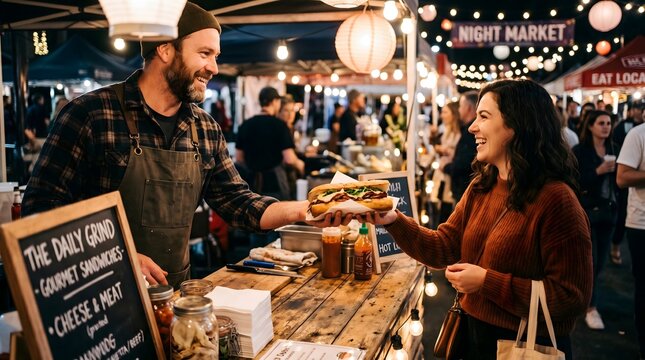 Street food vendor handing a burger to a customer at night market with customer