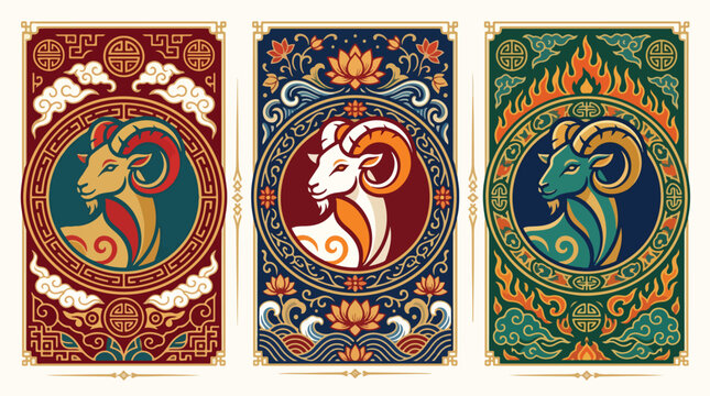 Three decorative panels feature stylized ram portraits with intricate traditional chinese patterns.