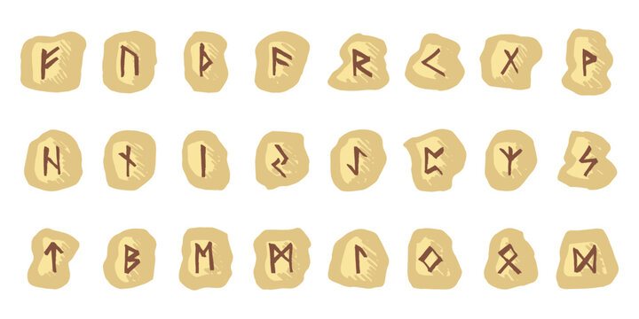 Set of hand drawn viking runes Rune stones with ancient norse alphabet characters engraved on them Scandinavian futhark germanic celtic Single element for design, print, web, decor