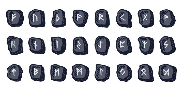 Set of hand drawn viking runes Rune stones with ancient norse alphabet characters engraved on them Scandinavian futhark germanic celtic Single element for design, print, web, decor