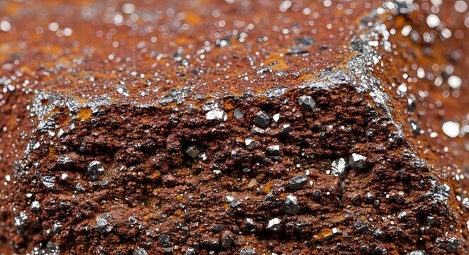 Macro shot of metallic crystals embedded in red iron ore