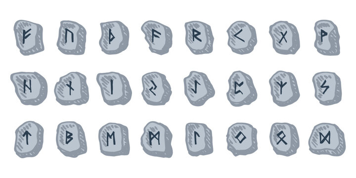Set of hand drawn viking runes Rune stones with ancient norse alphabet characters engraved on them Scandinavian futhark germanic celtic Single element for design, print, web, decor