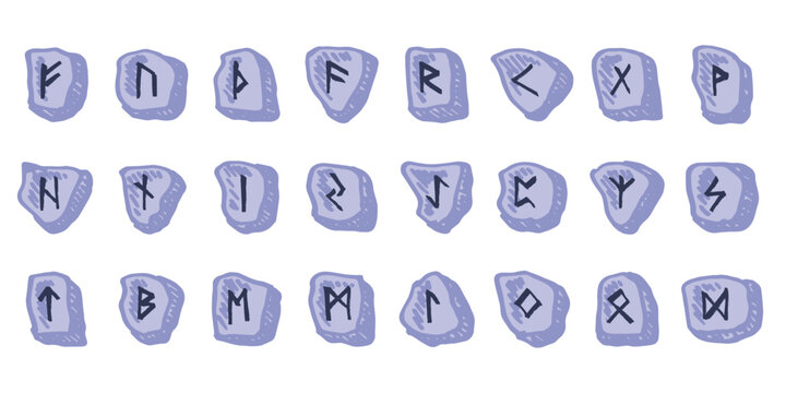 Set of hand drawn viking runes Rune stones with ancient norse alphabet characters engraved on them Scandinavian futhark germanic celtic Single element for design, print, web, decor