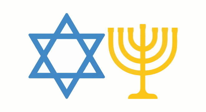 A blue Star of David is shown next to a golden menorah on a white background