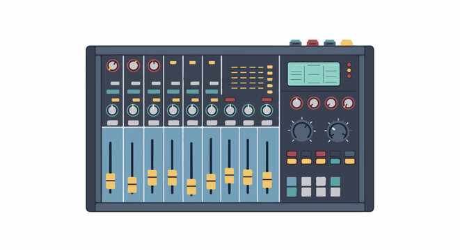 A flat illustration of a sound mixing board with sliders and knobs
