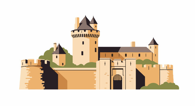 A flat, minimalist illustration of a medieval castle with towers and battlements