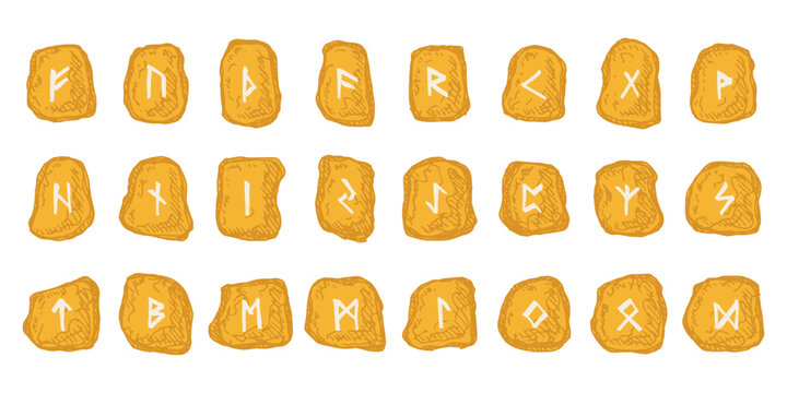 Set of hand drawn viking runes Rune stones with ancient norse alphabet characters engraved on them Scandinavian futhark germanic celtic Single element for design, print, web, decor