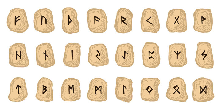 Set of hand drawn viking runes Rune stones with ancient norse alphabet characters engraved on them Scandinavian futhark germanic celtic Single element for design, print, web, decor