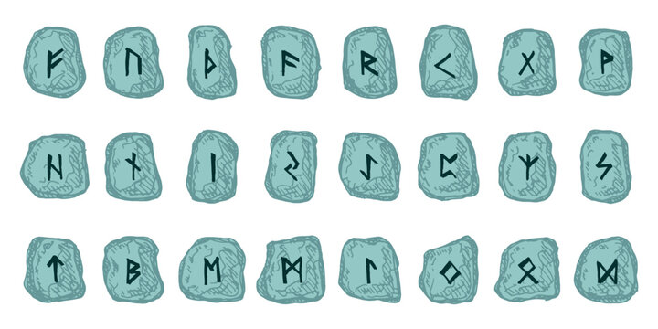 Set of hand drawn viking runes Rune stones with ancient norse alphabet characters engraved on them Scandinavian futhark germanic celtic Single element for design, print, web, decor