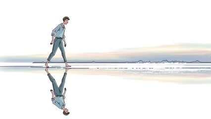 Naklejka premium Man walking on reflective salt flat.
