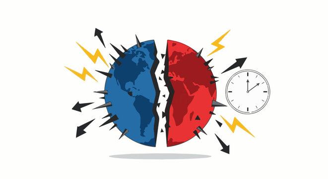 A fractured globe with sharp edges and arrows pointing outward, near a clock