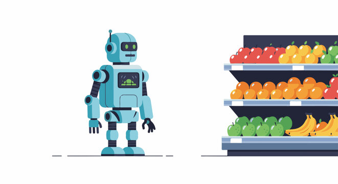 A friendly robot stands beside a grocery store produce display