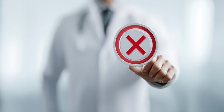 The doctor holding a red X sign indicating refusal or error in medical decision
