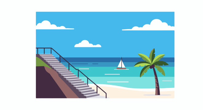 A pixel art scene of a tropical beach with stairs leading down to the water
