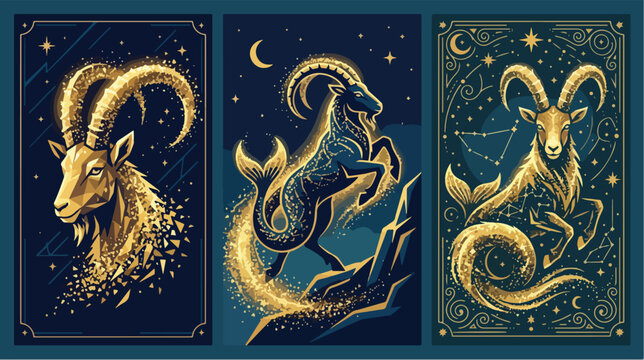 Capricorn zodiac symbols appear as golden cosmic goats with sparkling magical dust.