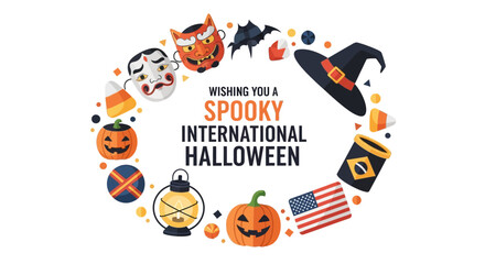 Fototapeta premium Wishing you a spooky international Halloween with jack o lanterns and candy