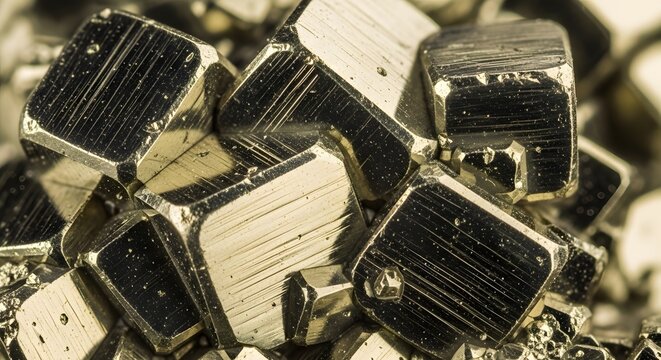 Macro shot of natural cubic pyrite crystals cluster