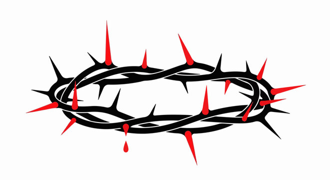 A graphic depiction of a crown of thorns with red points and blood drops